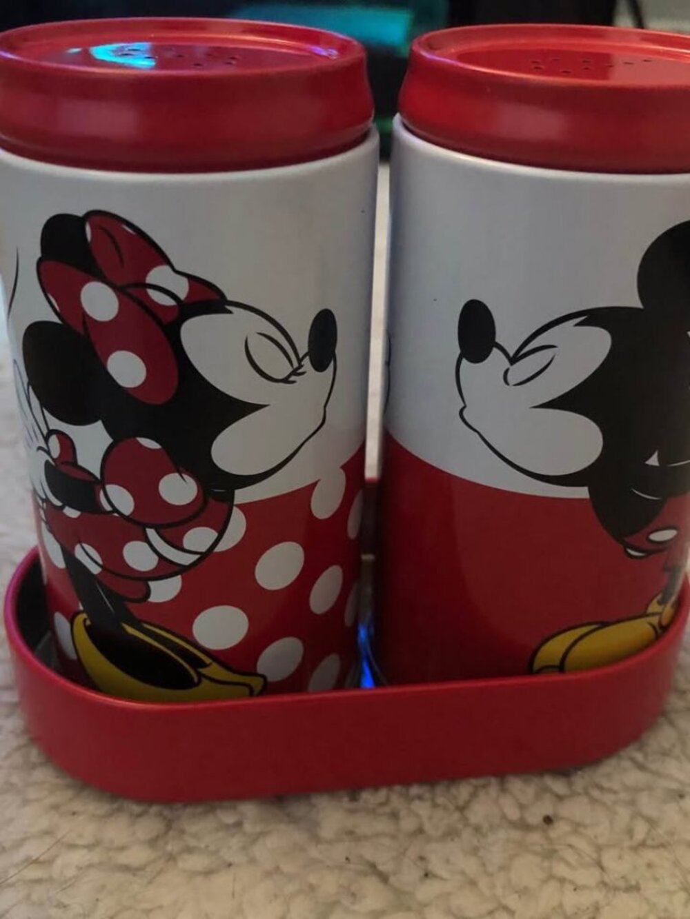 the Disney Mickey Mouse & Minnie Mouse tin metal salt and pepper shaker set